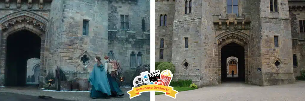 Drehort - Zwei Bilder eines Burgeingangs, das linke Bild aus einem historischen Drama mit kostümierten Schauspielern und das rechte Bild zeigt denselben Ort in der heutigen Zeit, ohne Schauspieler oder Kostüme.