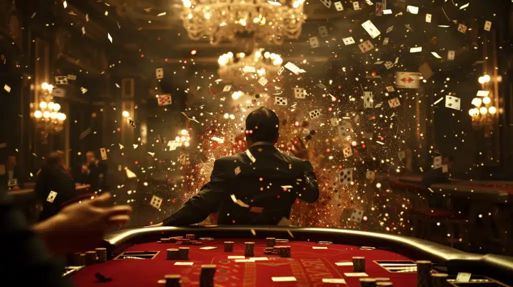 Drehort - Ein Mann im Anzug sitzt an einem Casinotisch, während Karten und Würfel explosiv durch die Luft fliegen, alles auf dem grünen Filz.