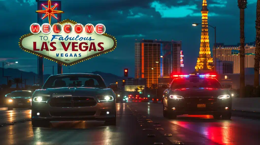 Drehort - Beleuchtetes „Welcome to Fabulous Las Vegas“-Schild in der Dämmerung mit beleuchteten Autos, darunter ein Polizeiauto, auf einer nassen Straße, die mit grünem Filz bedeckt ist.