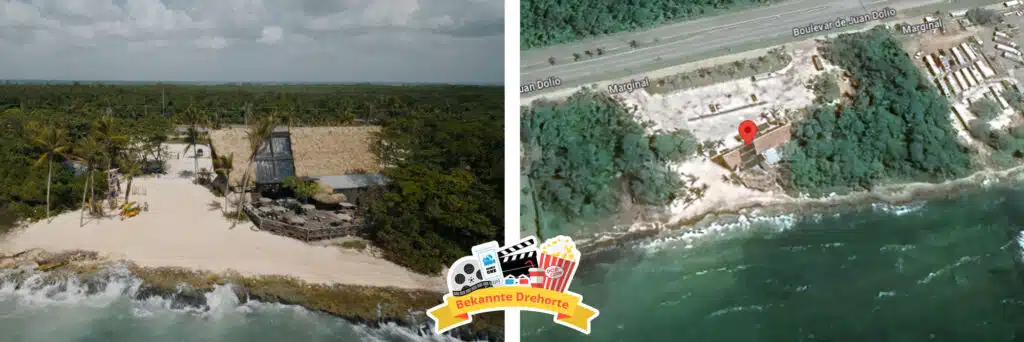 Drehort - Ein zusammengesetztes Bild, das links eine Luftaufnahme des Strandgrundstücks Alle Road House (2024) und rechts den entsprechenden Standort auf der Satellitenkarte zeigt.